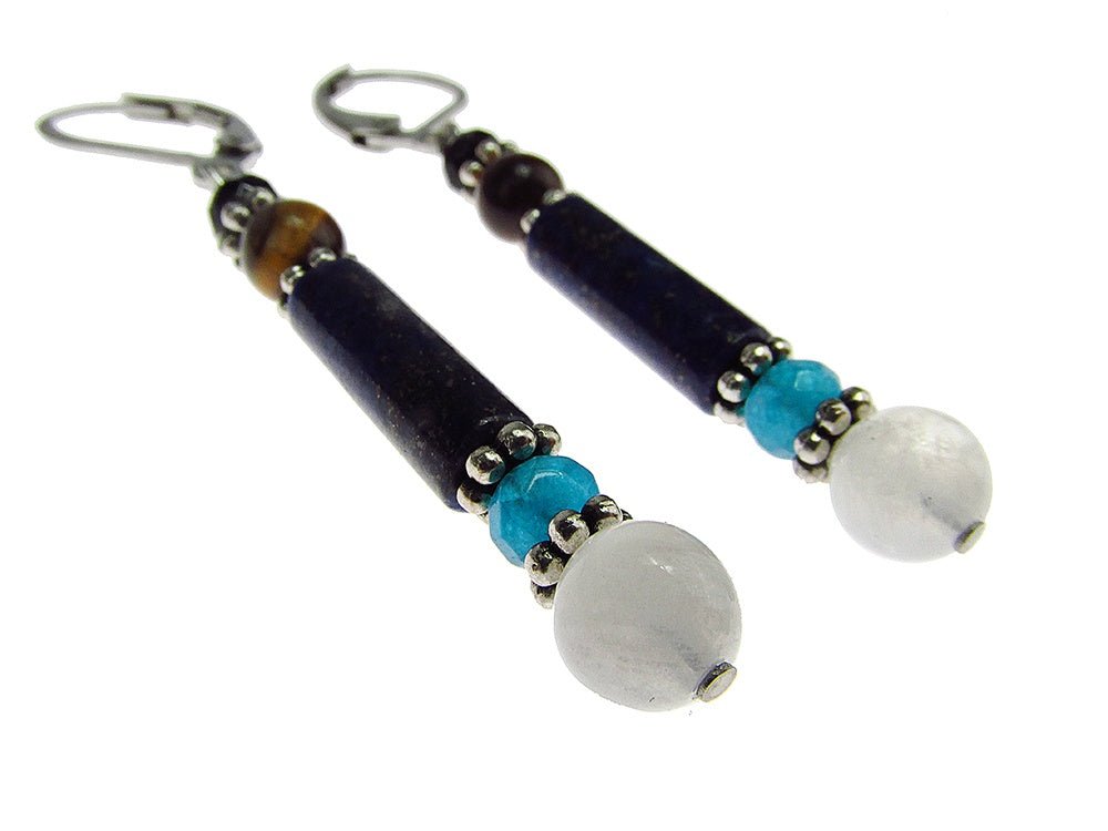 Cercei lungi mix lapis lazuli, piatra lunii, ochi de tigru - GlamBazaar.ro