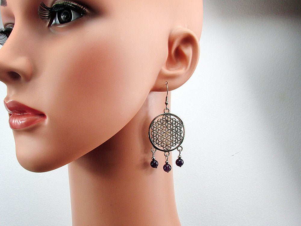 Cercei mari Floarea Vietii cu ametist natural - GlamBazaar.ro