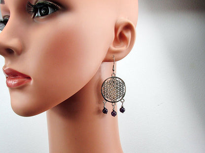 Cercei mari Floarea Vietii cu ametist natural - GlamBazaar.ro