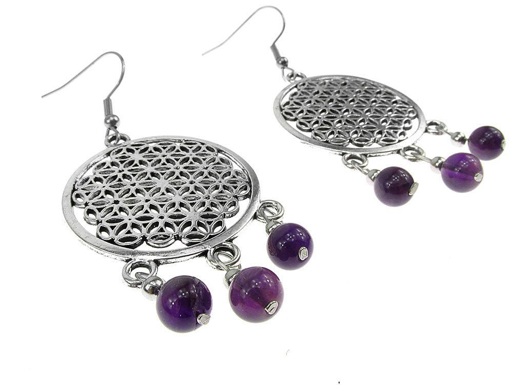 Cercei mari Floarea Vietii cu ametist natural - GlamBazaar.ro