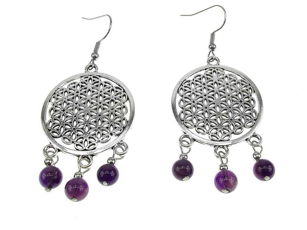 Cercei mari Floarea Vietii cu ametist natural - GlamBazaar.ro