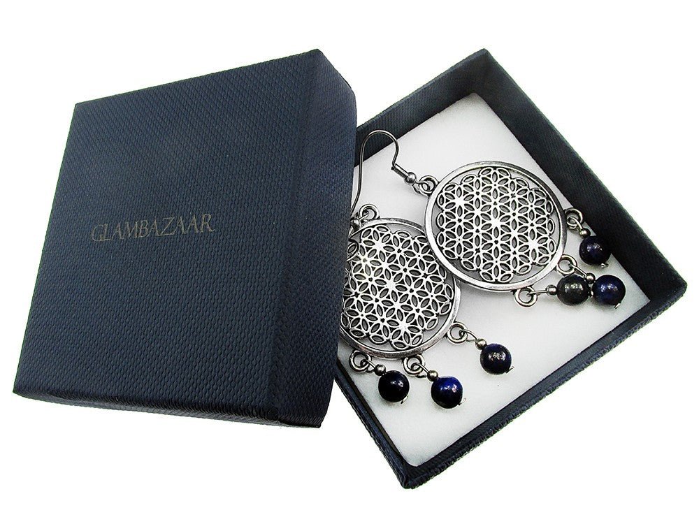 Cercei mari Floarea Vietii cu lapis lazuli - GlamBazaar.ro