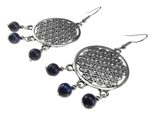 Cercei mari Floarea Vietii cu lapis lazuli - GlamBazaar.ro