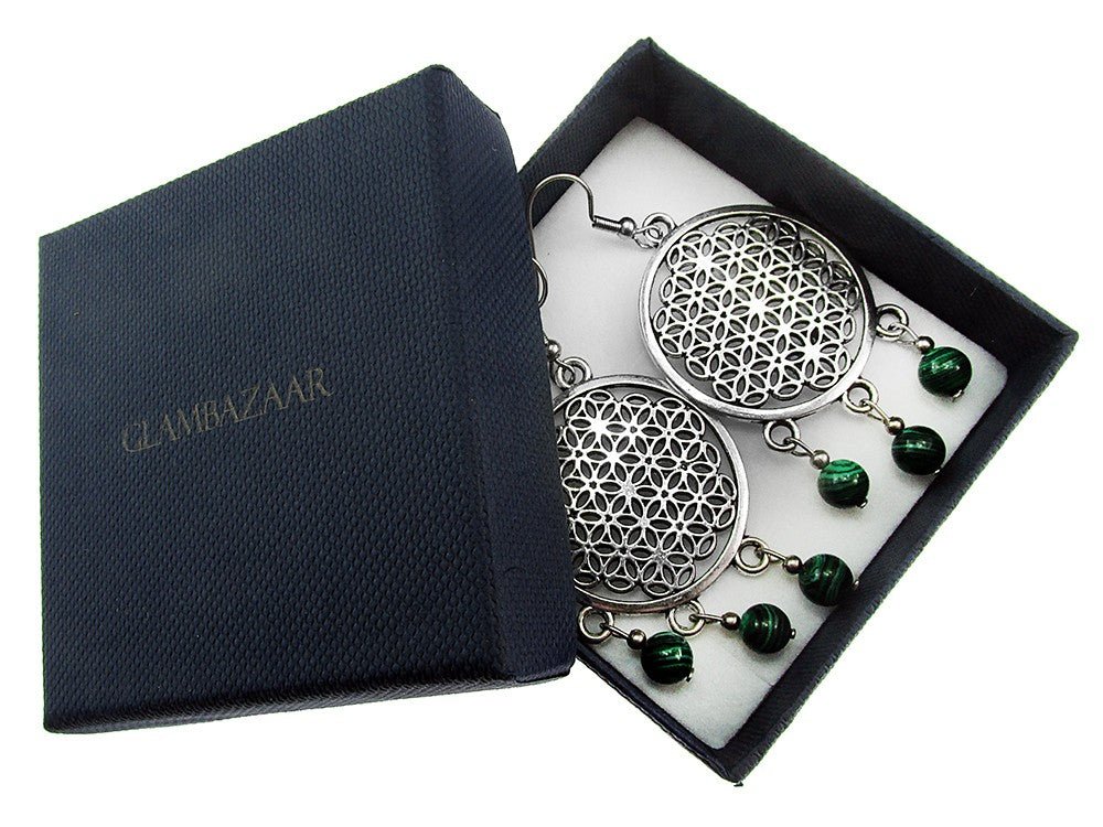 Cercei mari Floarea Vietii cu malachit - GlamBazaar.ro