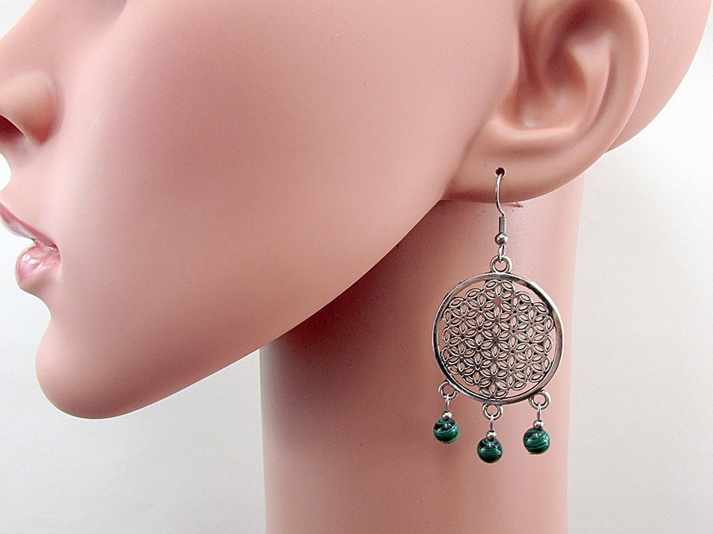 Cercei mari Floarea Vietii cu malachit - GlamBazaar.ro
