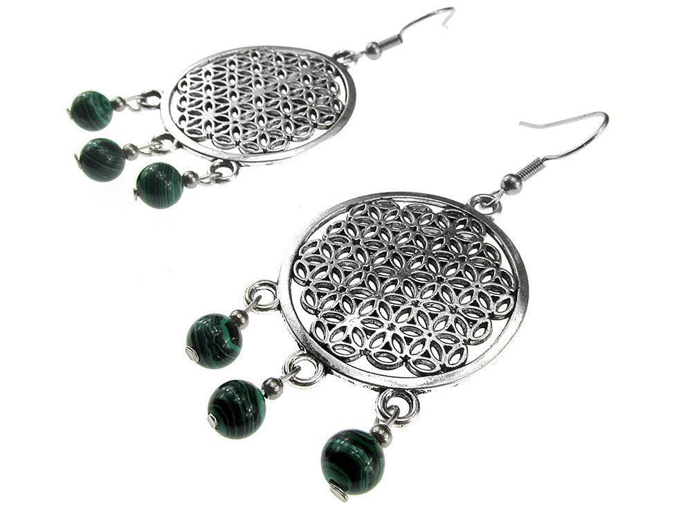 Cercei mari Floarea Vietii cu malachit - GlamBazaar.ro