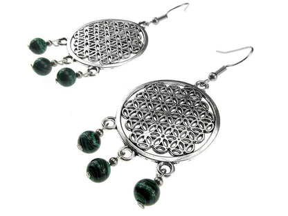 Cercei mari Floarea Vietii cu malachit - GlamBazaar.ro