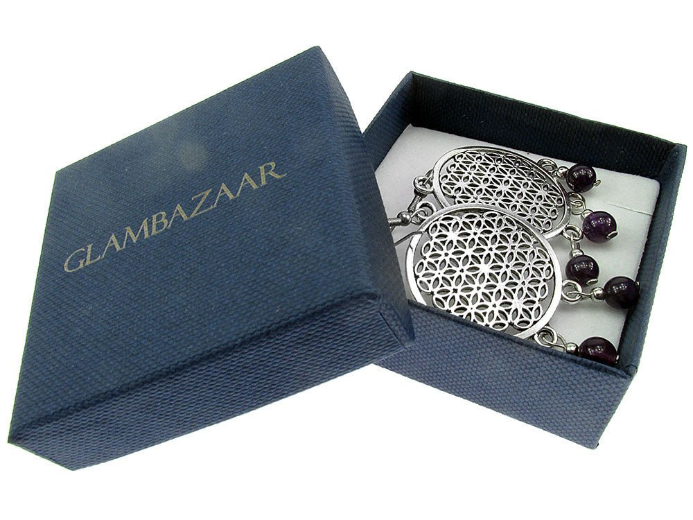 Cercei mari Floarea Vietii cu Piatra Soarelui albastra - GlamBazaar.ro