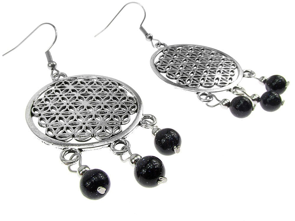 Cercei mari Floarea Vietii cu Piatra Soarelui albastra - GlamBazaar.ro