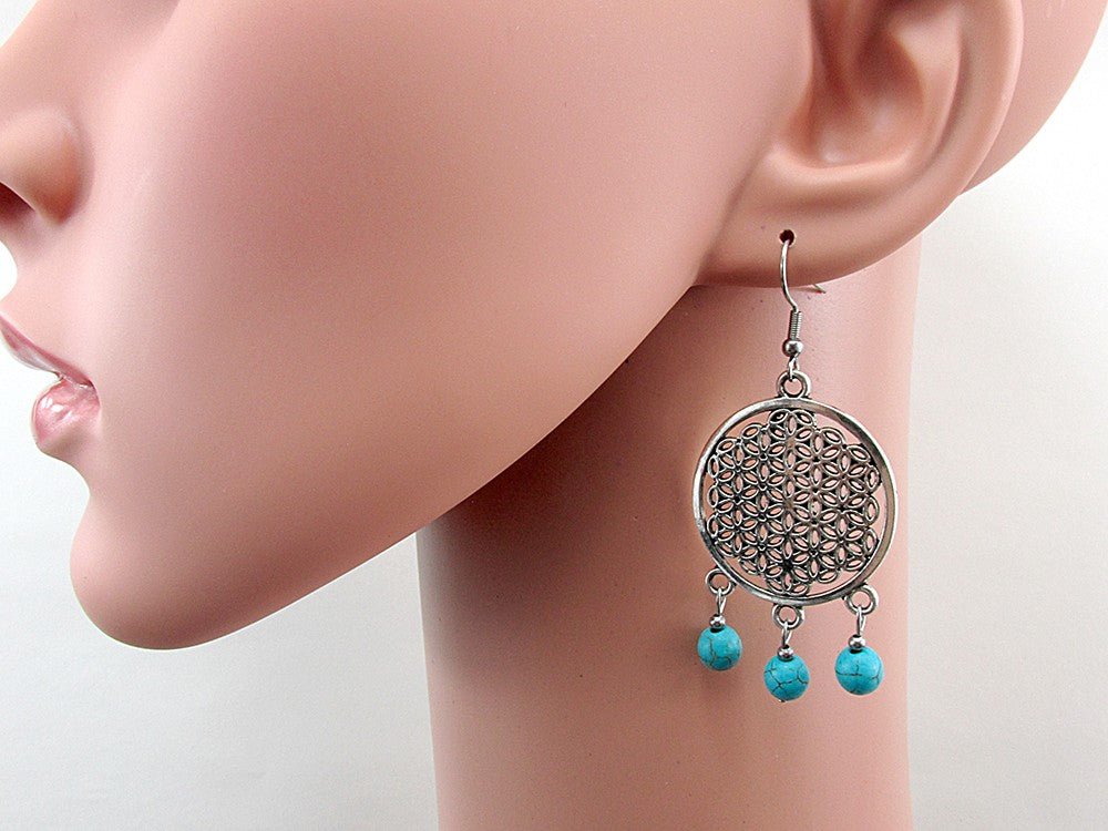 Cercei mari Floarea Vietii cu turcoaz - GlamBazaar.ro