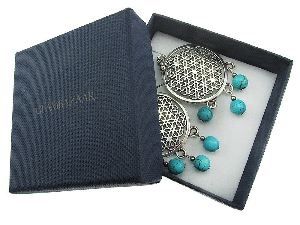 Cercei mari Floarea Vietii cu turcoaz - GlamBazaar.ro