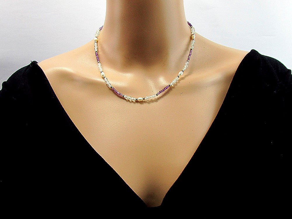 Colier ametist, topaz si perle de cultura cu argint - GlamBazaar.ro
