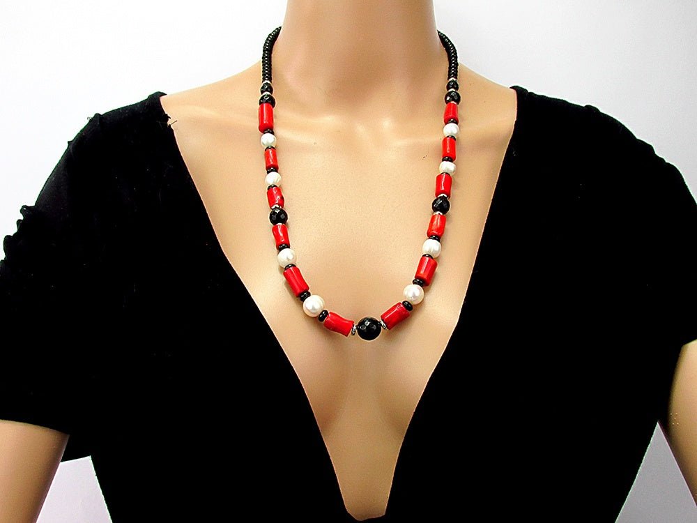 Colier cu coral, onix si perle de cultura - GlamBazaar.ro