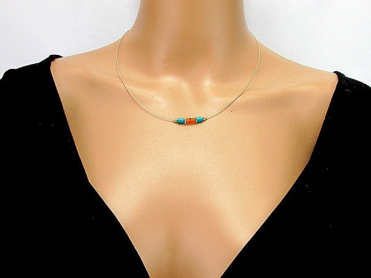 Colier fir argint cu chihlimbar si turcoaz - GlamBazaar.ro