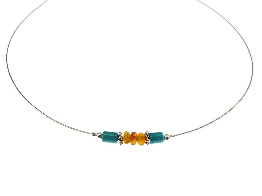 Colier fir argint cu chihlimbar si turcoaz - GlamBazaar.ro