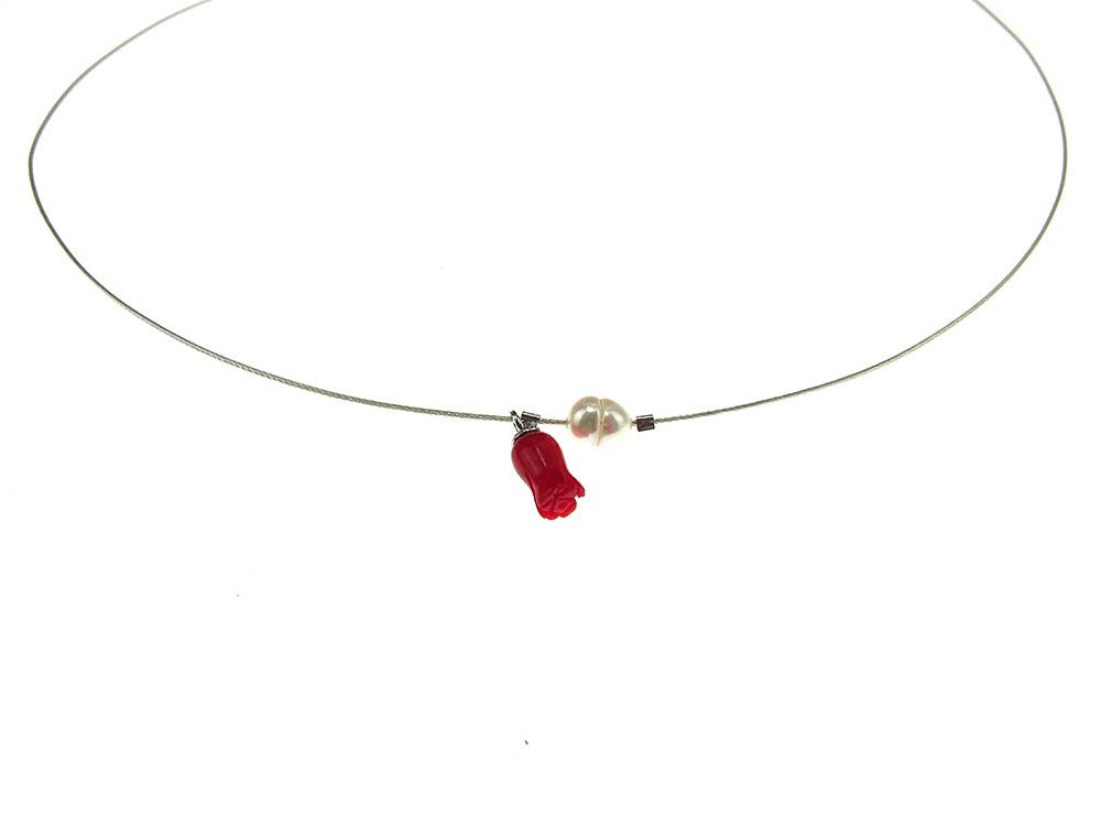 Colier fir argint cu perla de cultura si lalea coral - GlamBazaar.ro