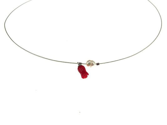 Colier fir argint cu perla de cultura si lalea coral - GlamBazaar.ro