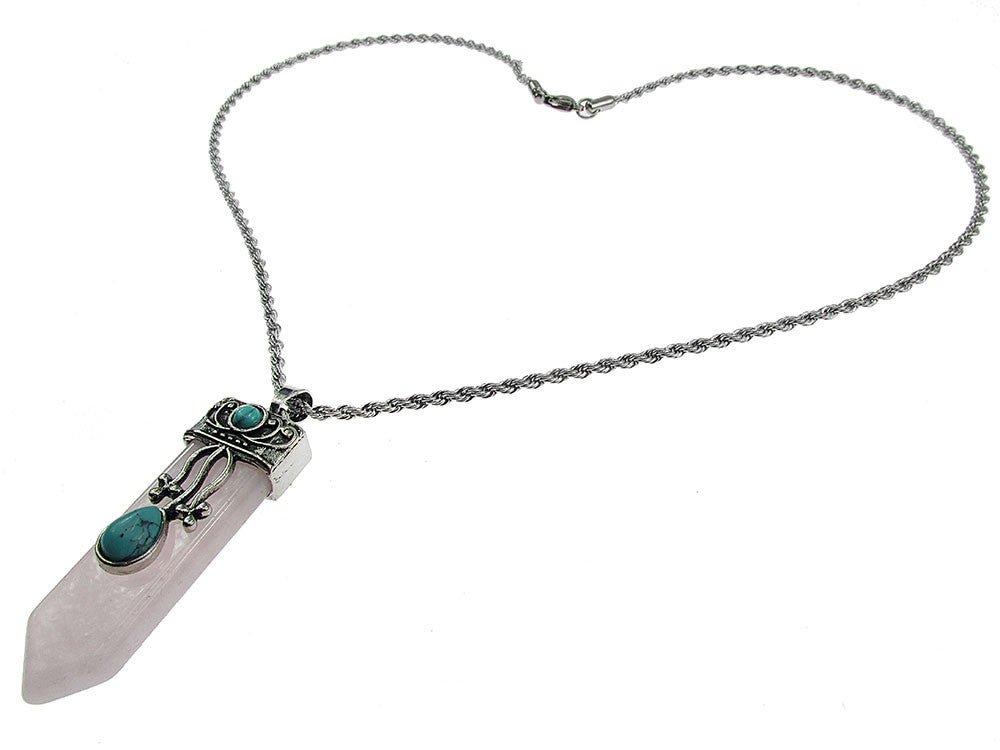 Colier inox pandantiv cuart roz cu un varf - GlamBazaar.ro