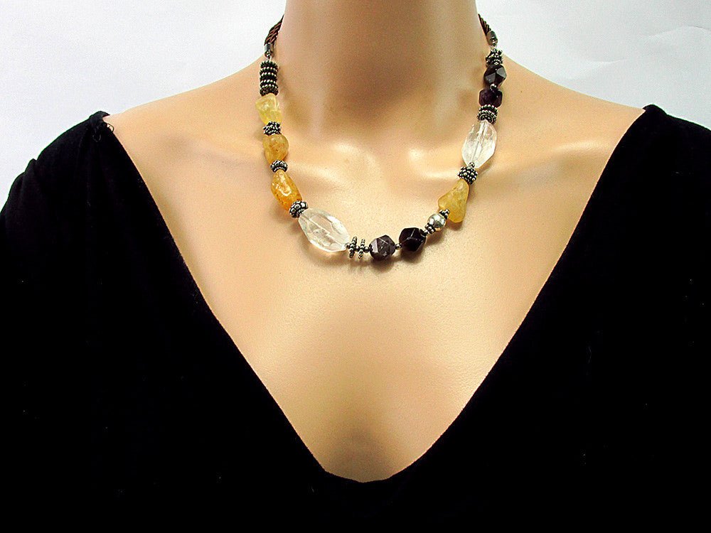 Colier Miracle cu citrin, cuart de stanca si ametist - GlamBazaar.ro