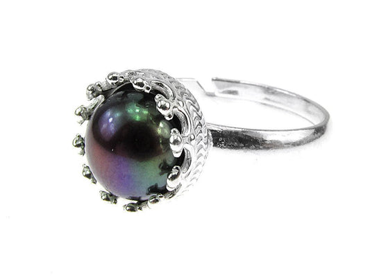 Inel argint reglabil coroana cu perla de cultura neagra 8 MM - GlamBazaar.ro