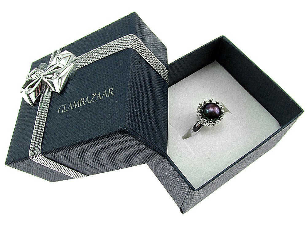 Inel argint reglabil coroana cu perla de cultura neagra 8 MM - GlamBazaar.ro