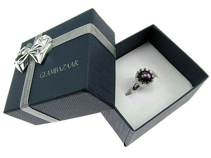 Inel argint reglabil coroana cu perla de cultura neagra 8 MM - GlamBazaar.ro