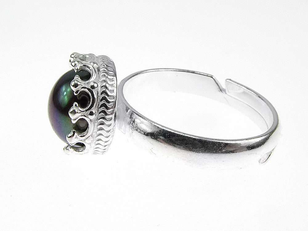 Inel argint reglabil coroana cu perla de cultura neagra 8 MM - GlamBazaar.ro