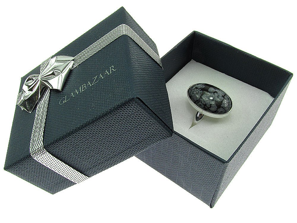 Inel argint reglabil cu obsidian fulg - de - nea 18x13 MM - GlamBazaar.ro