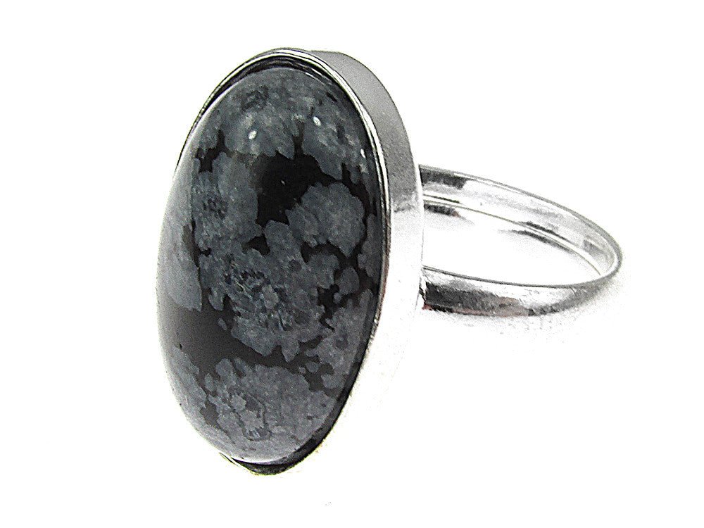 Inel argint reglabil cu obsidian fulg - de - nea 18x13 MM - GlamBazaar.ro