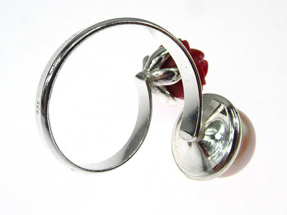 Inel argint reglabil cu perla oranj de cultura si trandafir coral
