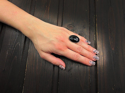 Inel argint reglabil masiv cu agat negru 25x18 MM - GlamBazaar.ro