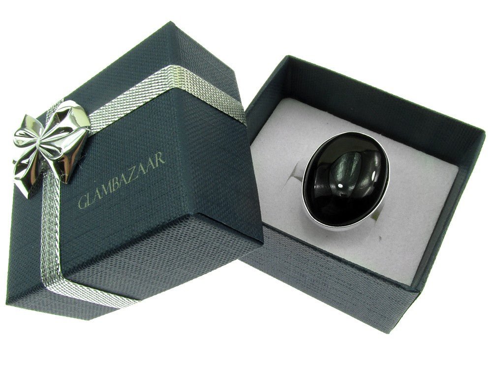 Inel argint reglabil masiv cu agat negru 25x18 MM - GlamBazaar.ro