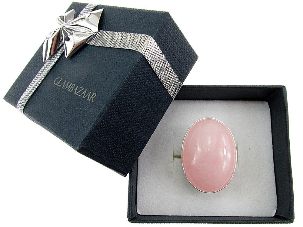 Inel argint reglabil masiv cu cuart roz 25x18 MM - GlamBazaar.ro