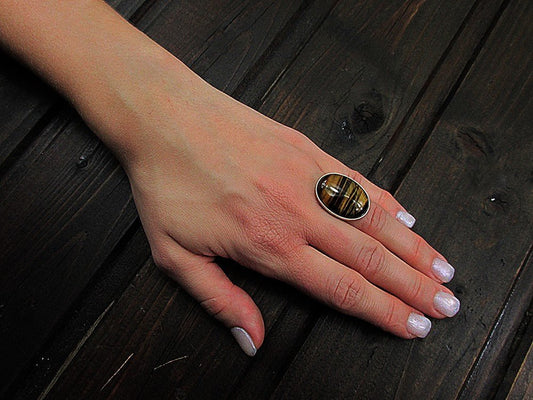 Inel argint reglabil masiv cu ochi de tigru 25x18 MM - GlamBazaar.ro