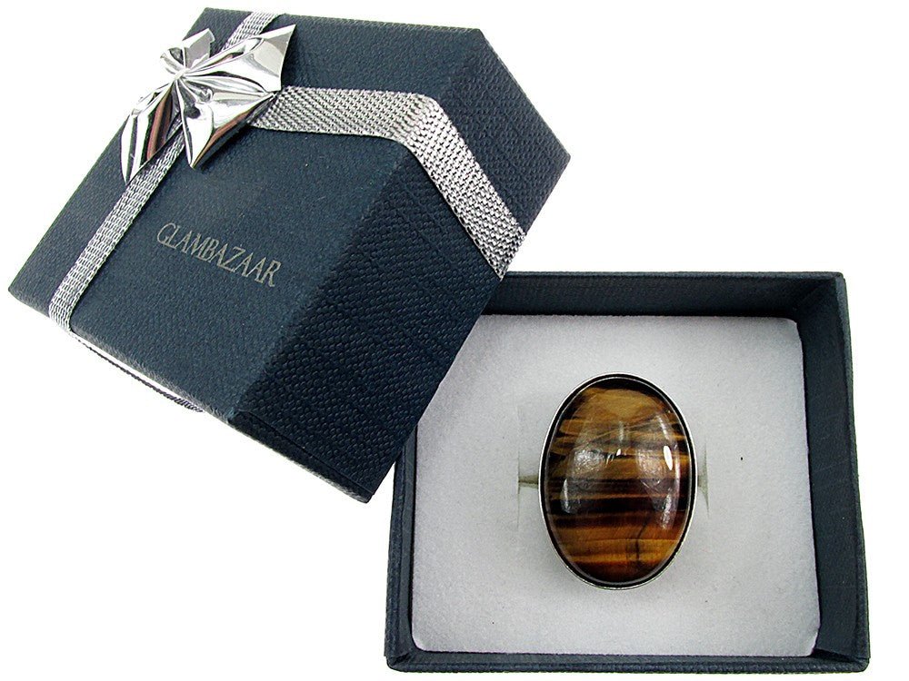 Inel argint reglabil masiv cu ochi de tigru 25x18 MM - GlamBazaar.ro