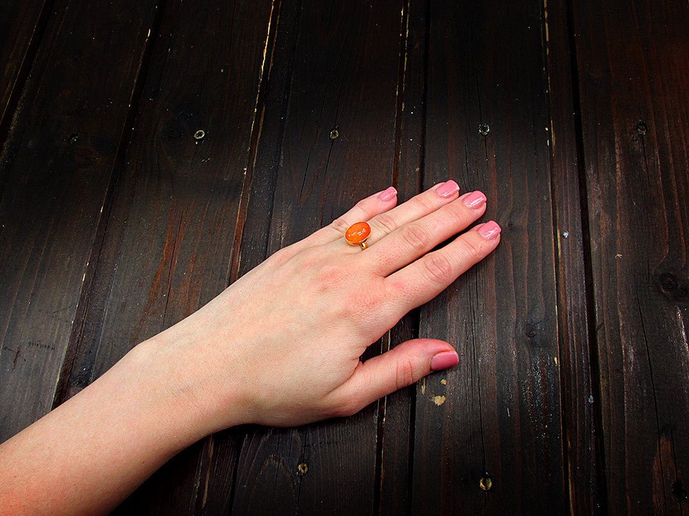 Inel argint reglabil placat cu aur cu carneol 14x10 MM - GlamBazaar.ro