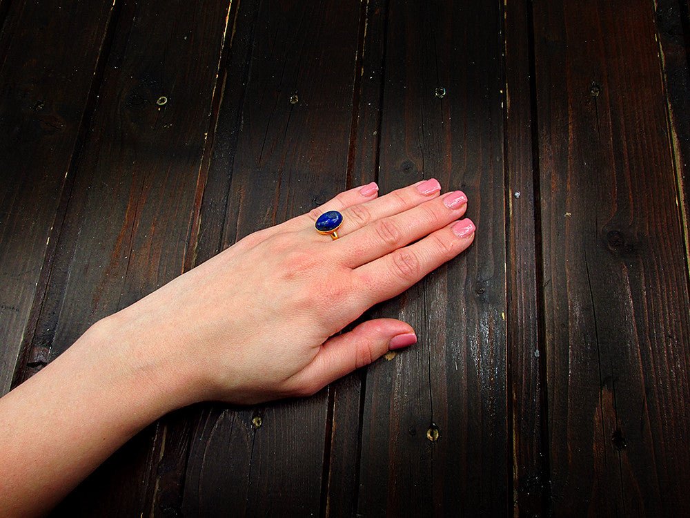 Inel argint reglabil placat cu aur cu lapis lazuli 14x10 MM - GlamBazaar.ro