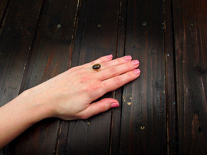 Inel argint reglabil placat cu aur cu ochi de tigru 14x10 MM - GlamBazaar.ro