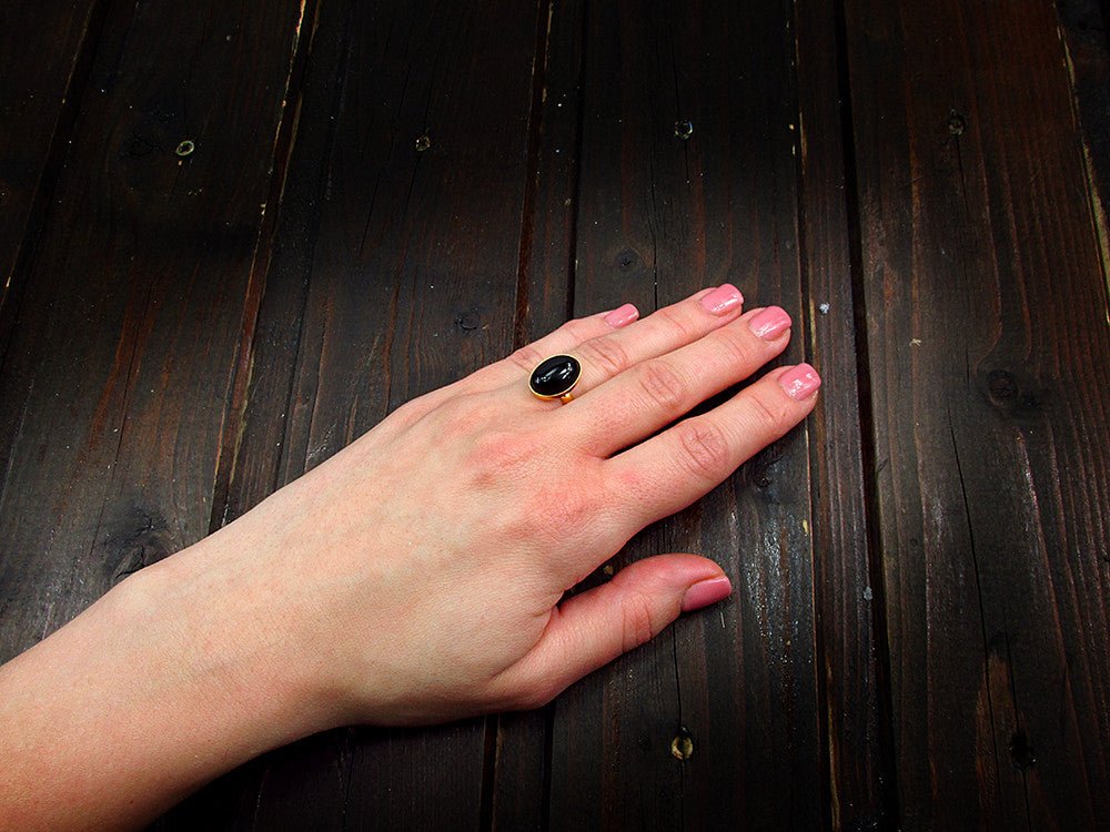 Inel argint reglabil placat cu aur cu onix 14x10 MM - GlamBazaar.ro