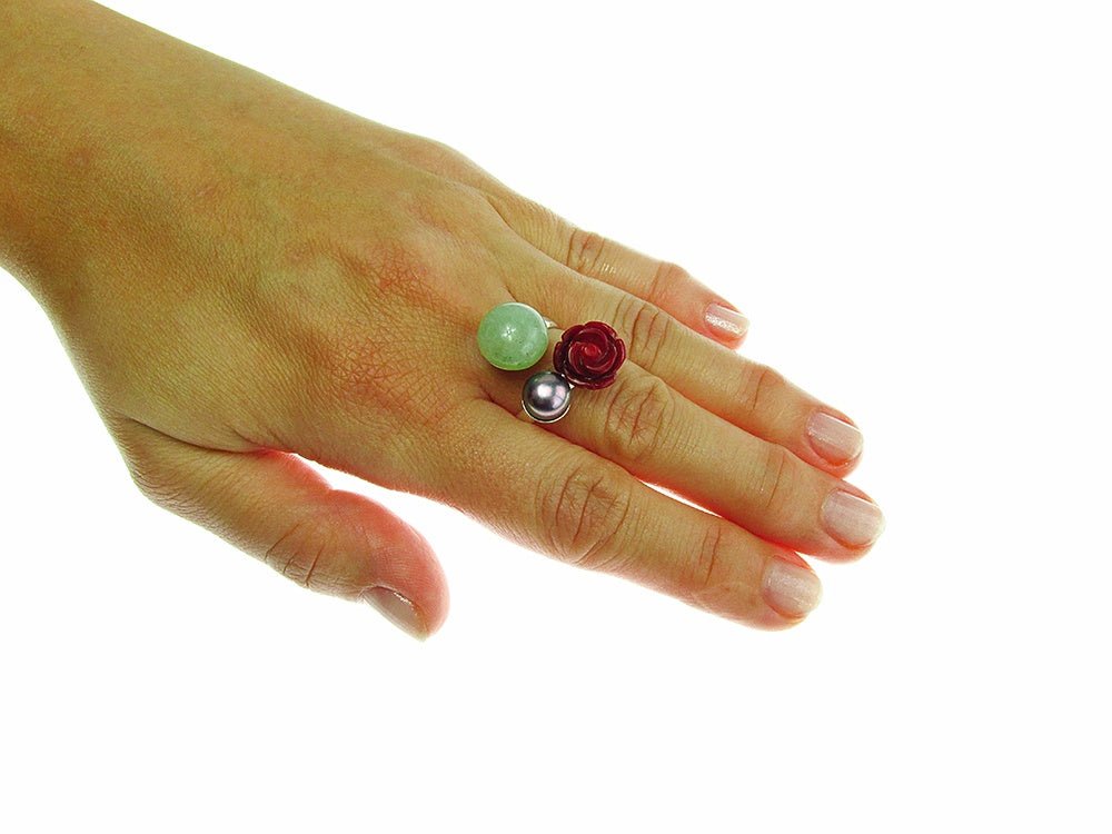 Inel argint reglabil Statement - coral, perla, aventurin - GlamBazaar.ro