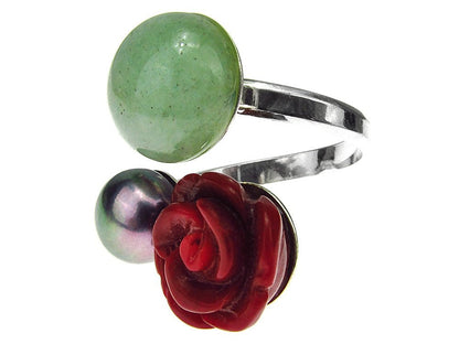 Inel argint reglabil Statement - coral, perla, aventurin - GlamBazaar.ro