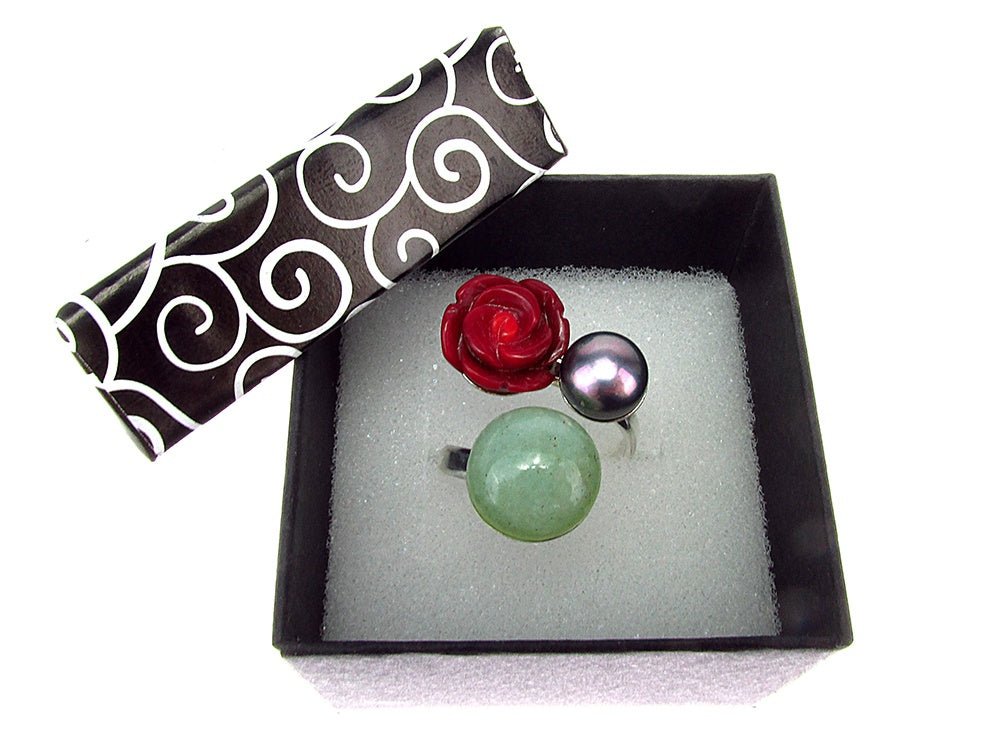 Inel argint reglabil Statement - coral, perla, aventurin - GlamBazaar.ro