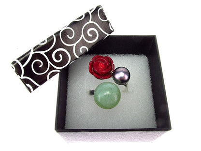 Inel argint reglabil Statement - coral, perla, aventurin - GlamBazaar.ro