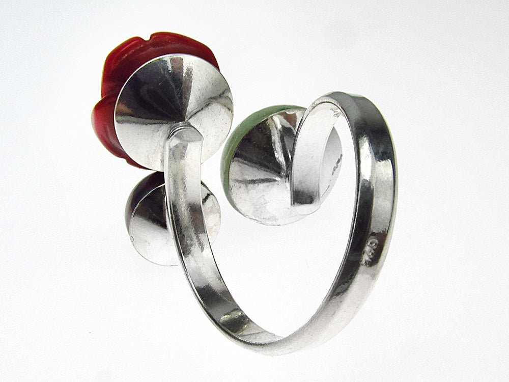 Inel argint reglabil Statement - coral, perla, aventurin - GlamBazaar.ro