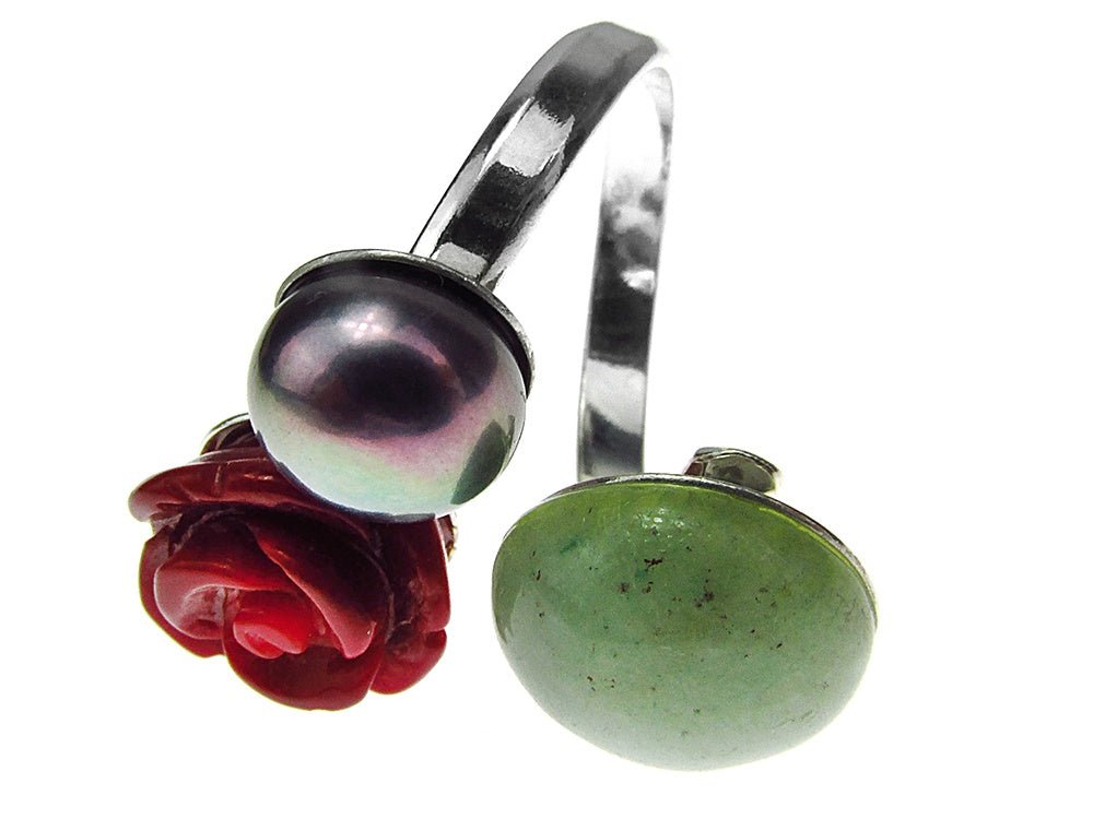 Inel argint reglabil Statement - coral, perla, aventurin - GlamBazaar.ro