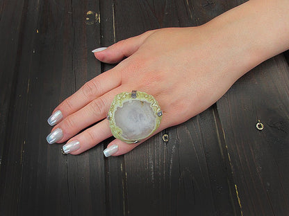 Inel reglabil statement masiv cu agat alb - transparent geoda - GlamBazaar.ro