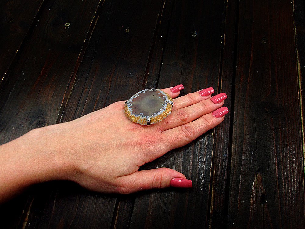 Inel reglabil statement masiv cu agat fumuriu geoda - GlamBazaar.ro