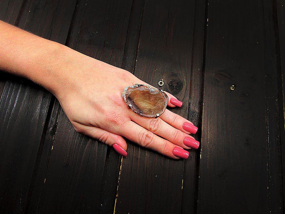 Inel reglabil statement masiv cu agat fumuriu natural - GlamBazaar.ro