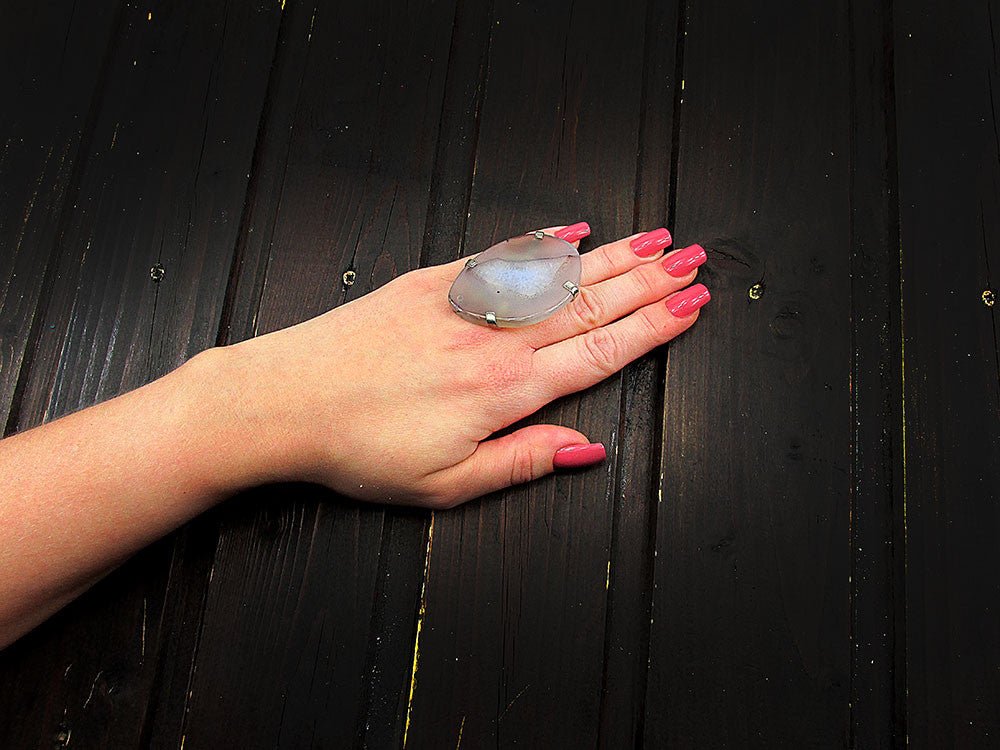 Inel reglabil statement masiv cu agat gri natural A - GlamBazaar.ro