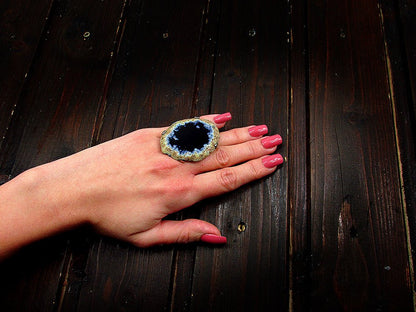 Inel reglabil statement masiv cu agat negru natural 12A - GlamBazaar.ro